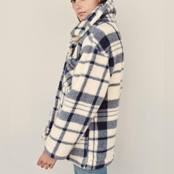 Stateside Double Faced Sherpa Jacket in Navy/Cream Plaid size small - Picture 4 of 11